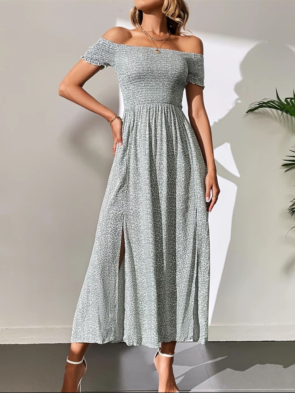 Off-Shoulder Smocked Maxi Dress in Sage Green
